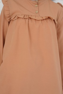 Fırfır Süslemeli Hakim Yaka Camel Tunik - Tunik