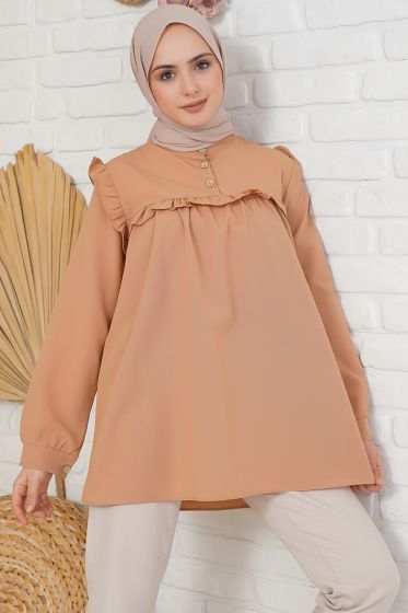 Fırfır Süslemeli Hakim Yaka Camel Tunik - Tunik