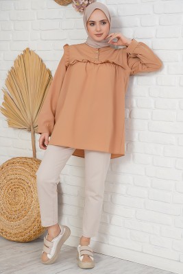 Fırfır Süslemeli Hakim Yaka Camel Tunik - Tunik