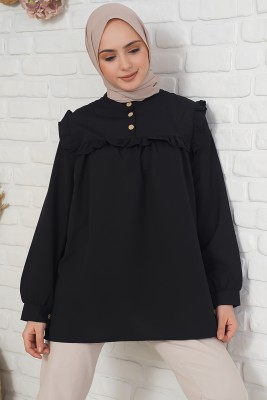Fırfır Süslemeli Hakim Yaka Siyah Tunik 