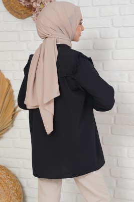 Fırfır Süslemeli Hakim Yaka Siyah Tunik - Tunik