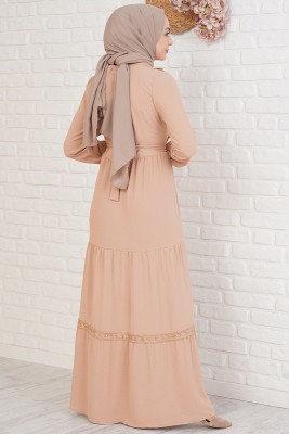 Fırfırı Dantel Süslemeli Camel Elbise - Tesettür Elbise