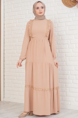 Fırfırı Dantel Süslemeli Camel Elbise 