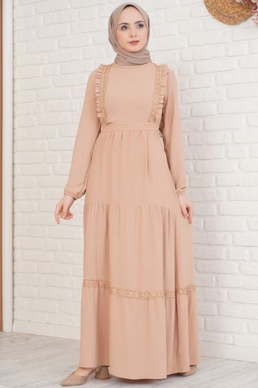 Fırfırı Dantel Süslemeli Camel Elbise - Tesettür Elbise