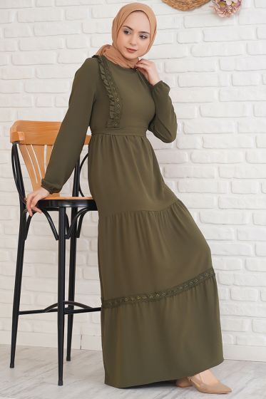 Fırfırı Dantel Süslemeli Haki Elbise - Tesettür Elbise