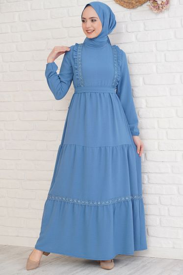 Fırfırı Dantel Süslemeli İndigo Elbise - Tesettür Elbise