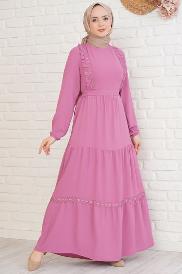 Fırfırı Dantel Süslemeli Magenta Elbise - Tesettür Elbise