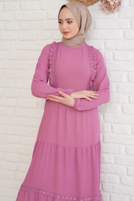 Fırfırı Dantel Süslemeli Magenta Elbise - Tesettür Elbise