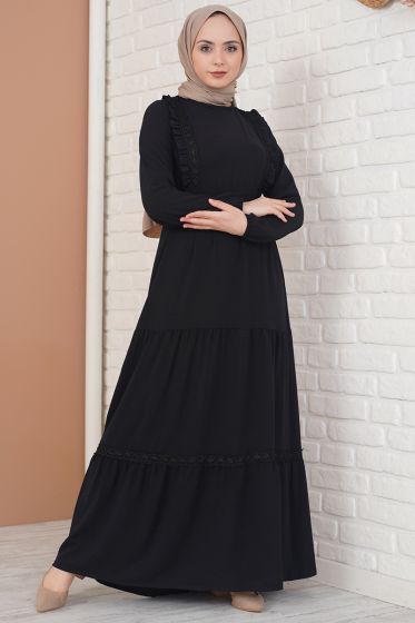 Fırfırı Dantel Süslemeli Siyah Elbise - Tesettür Elbise