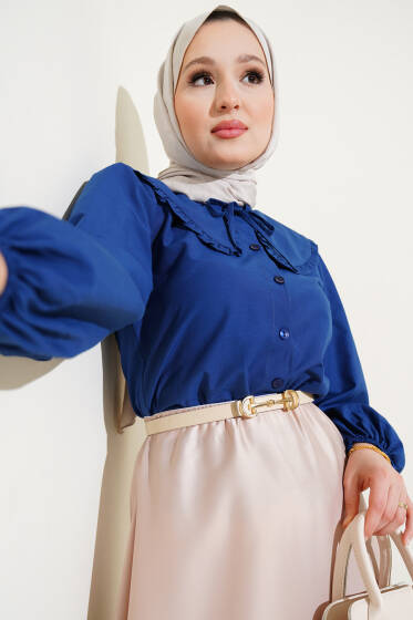 Fırfırlı Bebe Yaka Balon Kol Kısa Gömlek Lacivert - Gömlek