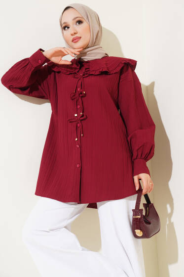 Fırfırlı Bebe Yaka Fiyonklu Gömlek Bordo - Gömlek