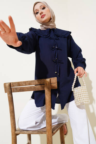 Fırfırlı Bebe Yaka Fiyonklu Gömlek Lacivert - Gömlek