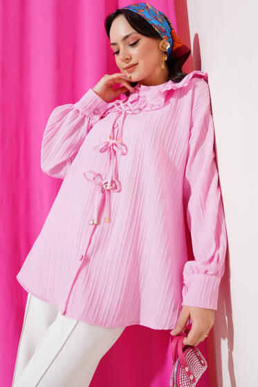 Fırfırlı Bebe Yaka Fiyonklu Gömlek Pembe - Gömlek