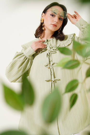 Fırfırlı Bebe Yaka Fiyonklu Gömlek Su Yeşili - Gömlek