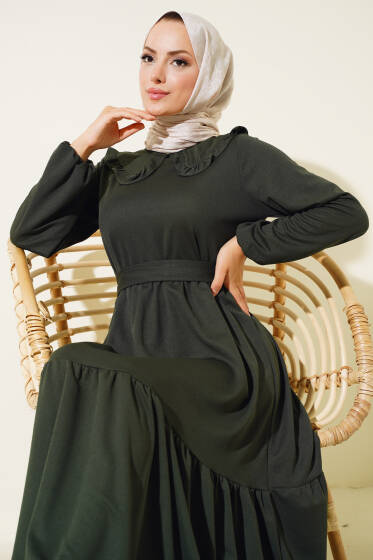 Fırfırlı Bebe Yaka Kuşaklı Elbise Haki - Elbise