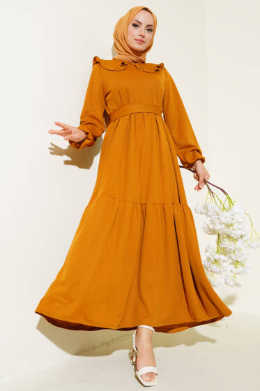Fırfırlı Bebe Yaka Kuşaklı Elbise Hardal - Elbise