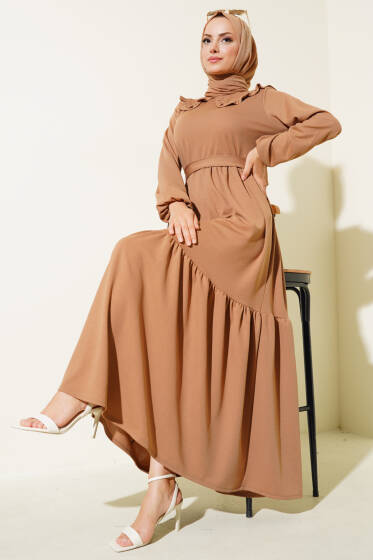 Fırfırlı Bebe Yaka Kuşaklı Elbise Vizon - Elbise