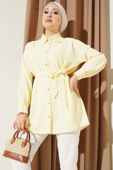 Fırfırlı Bebe Yaka Kuşaklı Gömlek Sarı - Gömlek