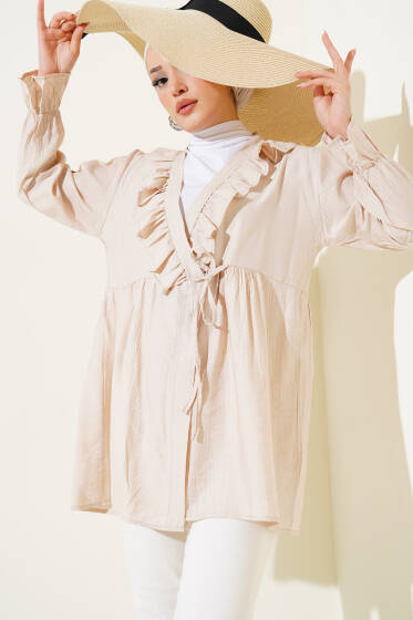 Fırfırlı Bileği Lastikli Kimono Bej - Dış Giyim&Mont