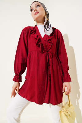Fırfırlı Bileği Lastikli Kimono Bordo 