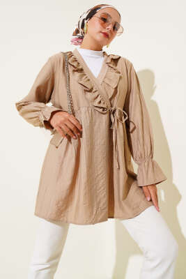 Fırfırlı Bileği Lastikli Kimono Camel 