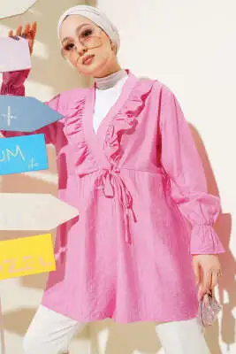Fırfırlı Bileği Lastikli Kimono Pembe 