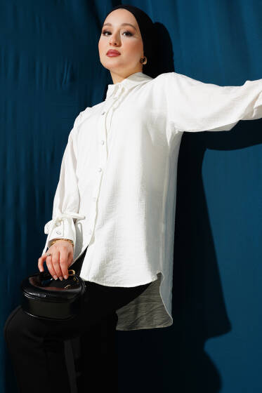 Fırfırlı Bilek Bağcıklı Gömlek Beyaz - Gömlek