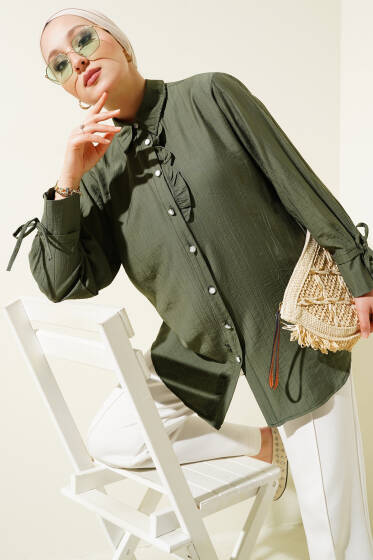 Fırfırlı Bilek Bağcıklı Gömlek Haki - Gömlek