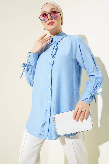 Fırfırlı Bilek Bağcıklı Gömlek Mavi - Gömlek