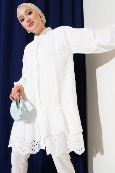 Fırfırlı Brodeli Gömlek Beyaz - Gömlek