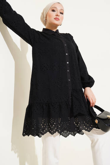 Fırfırlı Brodeli Gömlek Siyah - Gömlek