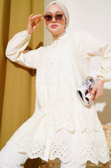 Fırfırlı Brodeli Gömlek Taş - Gömlek