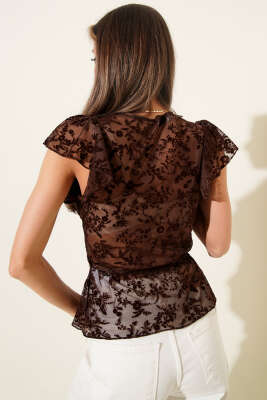 Fırfırlı Çiçekli Kolsuz Tül Bluz Kahve - Kadın Giyim Modelleri