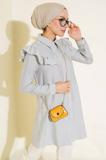 Fırfırlı Çizgili Tunik Gri - Tunik