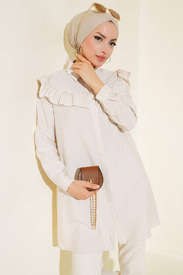 Fırfırlı Çizgili Tunik Latte - Tunik