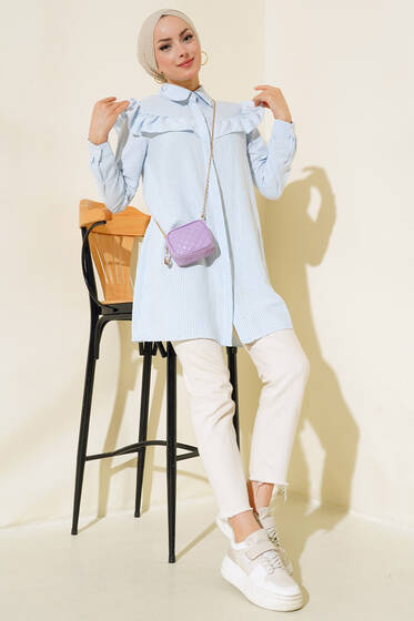 Fırfırlı Çizgili Tunik Mavi - Tunik