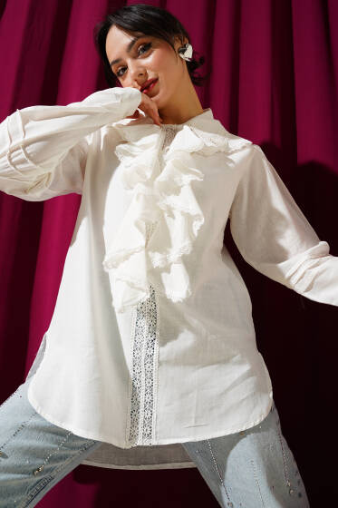 Fırfırlı Dantel Yaka Keten Gömlek Ekru - Gömlek