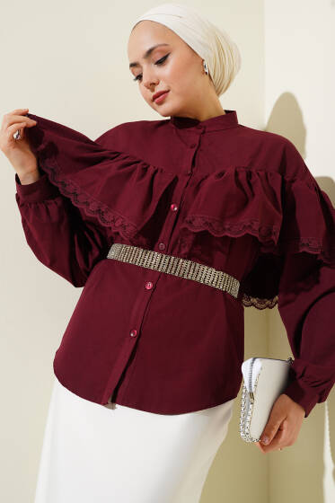 Fırfırlı Dantelli Kısa Gömlek Bordo - Gömlek