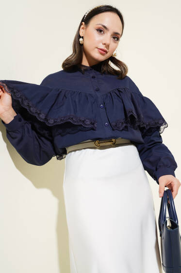 Fırfırlı Dantelli Kısa Gömlek Lacivert - Gömlek