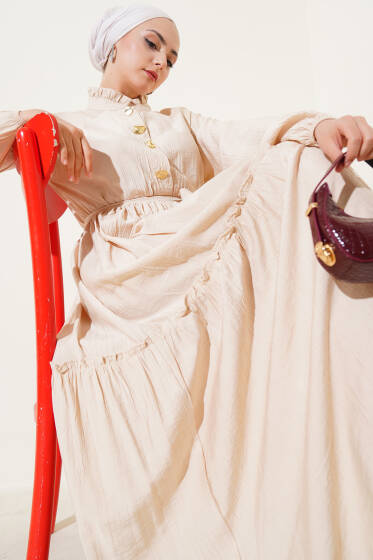 Fırfırlı Düğmeli Elbise Bej - Elbise