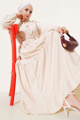 Fırfırlı Düğmeli Elbise Bej - Tesettür Elbise