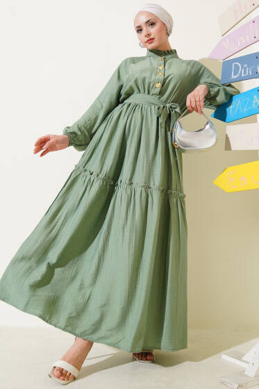 Fırfırlı Düğmeli Elbise Çağla Yeşili - Tesettür Elbise