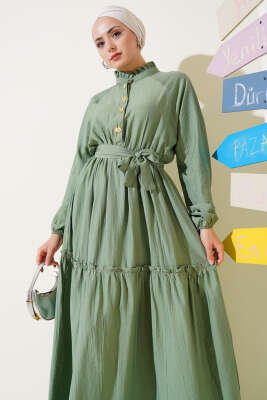 Fırfırlı Düğmeli Elbise Çağla Yeşili - Tesettür Elbise