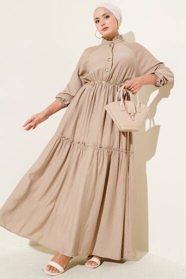 Fırfırlı Düğmeli Elbise Latte - Elbise