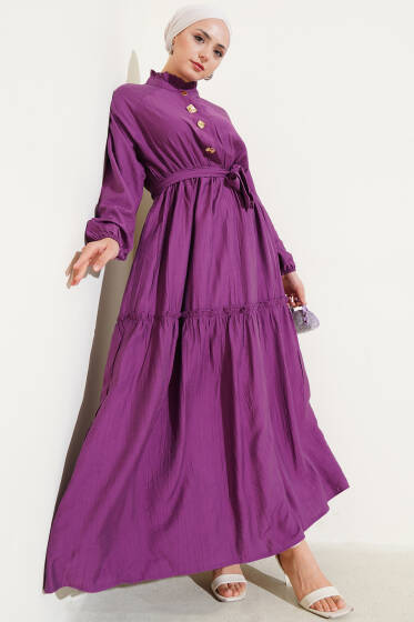 Fırfırlı Düğmeli Elbise Magenta - Elbise