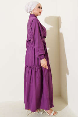 Fırfırlı Düğmeli Elbise Magenta - Tesettür Elbise