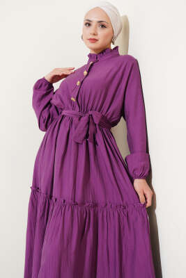 Fırfırlı Düğmeli Elbise Magenta - Tesettür Elbise
