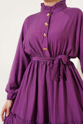 Fırfırlı Düğmeli Elbise Magenta - Tesettür Elbise