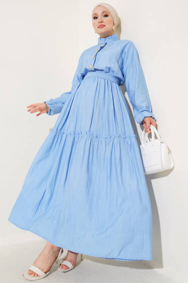 Fırfırlı Düğmeli Elbise Mavi - Tesettür Elbise