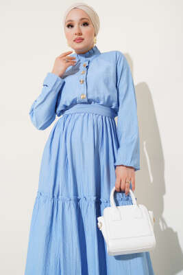Fırfırlı Düğmeli Elbise Mavi - Tesettür Elbise